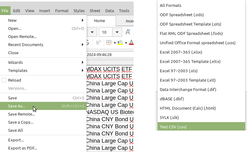 Exporting data from a spreadsheet to CSV format